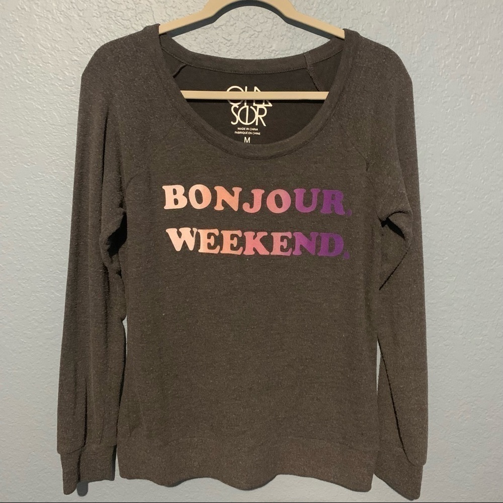 Chaser Gray Bonjour Weekend Graphic Long Sleeve Pullover Sweatshirt